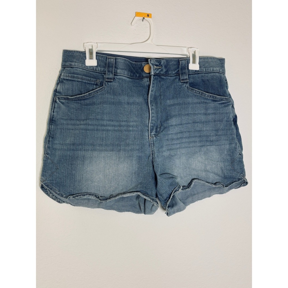 Womens High Waisted Medium Wash Denim Shorts Scalloped Hem Carpenter Pockets S